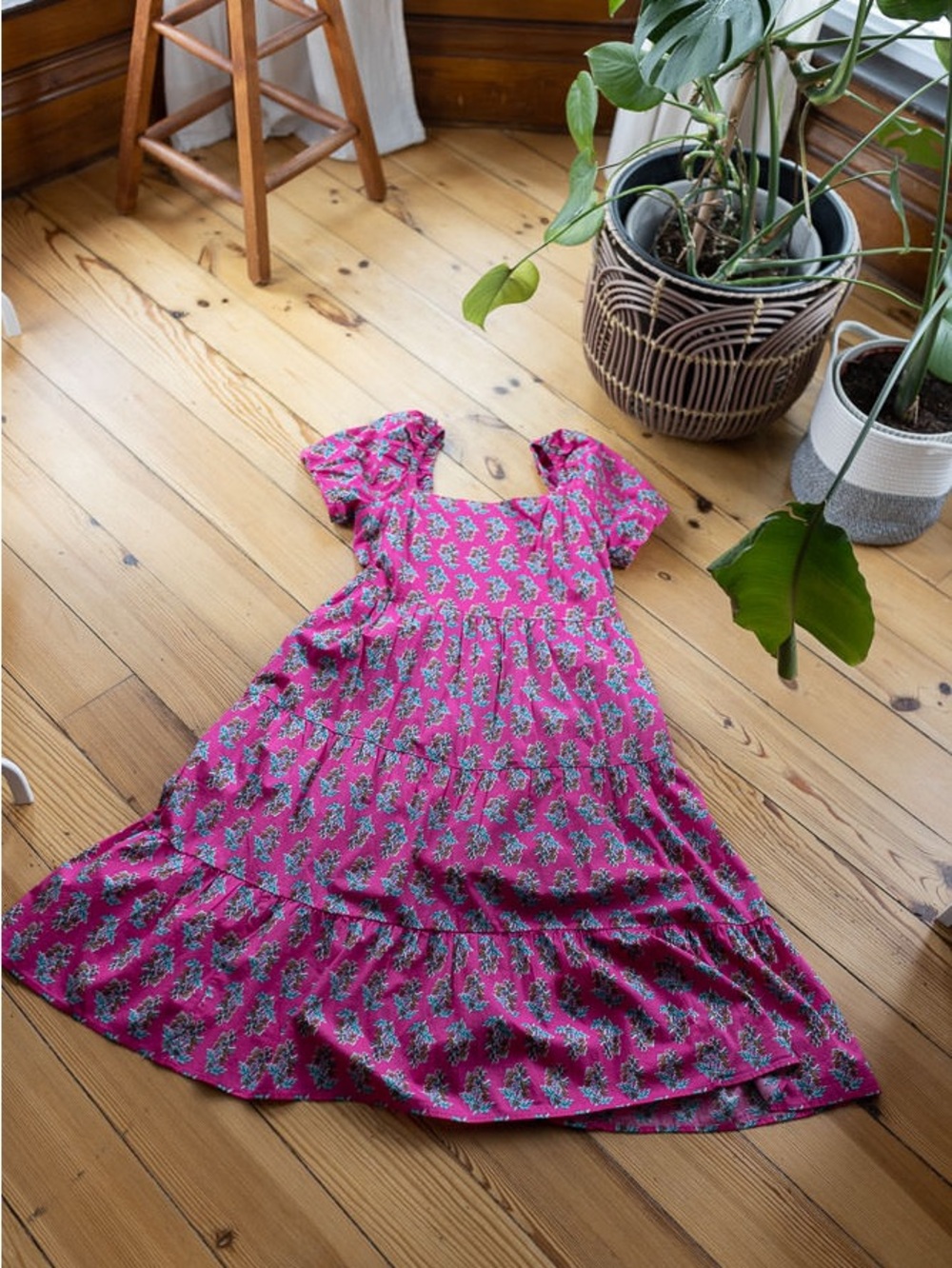 J. Crew Hot Pink Floral Midi Dress with puff sleeves